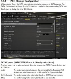 Interfejs BIOS na płycie głównej ASUS z zakładką konfiguracji PCH Storage, pokazującą opcje dla SATA Express i M.2.