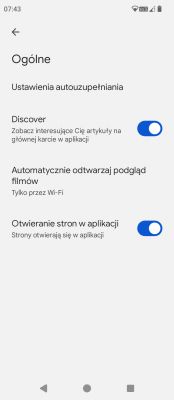 Zrzut ekranu ustawień ogólnych aplikacji z aktywnymi opcjami Discover i Otwieranie stron w aplikacji.