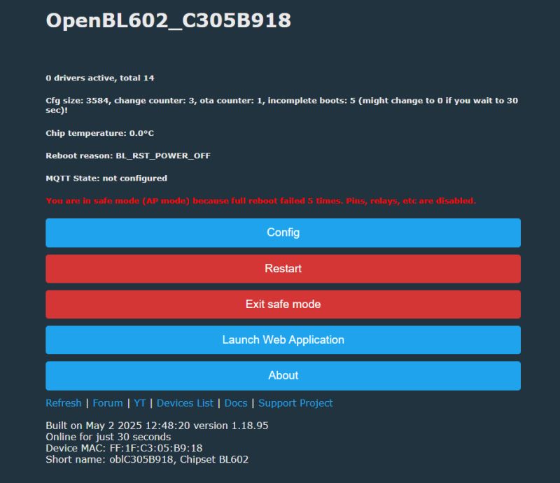 OpenBL602 device interface screen in safe mode with WiFi client disabled.