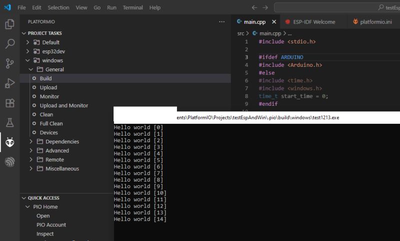 Widok edytora VS Code z kodem C++ i otwartym panelem PlatformIO po lewej