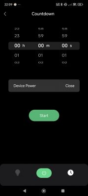 App interface with a countdown timer on a black background.