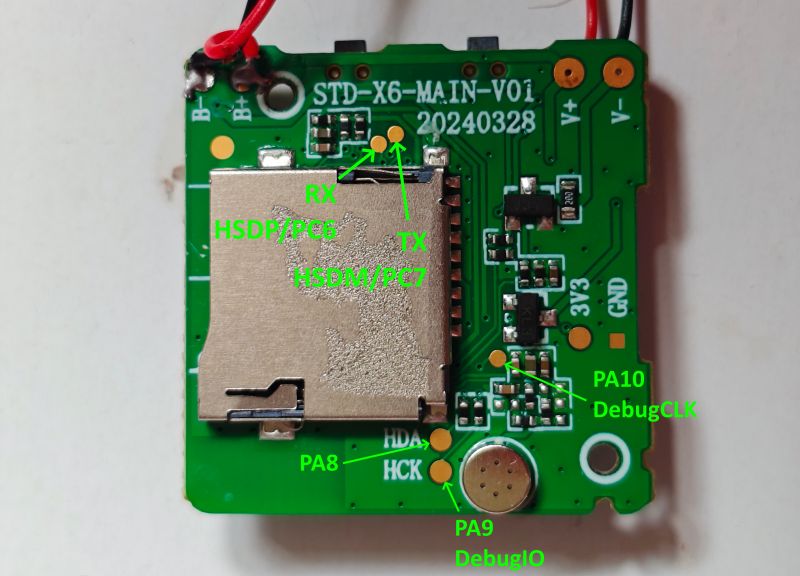 STD-X6 PCB with Marked Debug and Signal Pins Printed circuit board with microSD slot and labeled debug and signal pins.