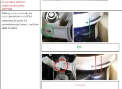 Zrzut ekranu z instrukcją kalibracji: zdjęcia mechanizmu z zielonym i czerwonym oznaczeniem oraz napisy „OK”.