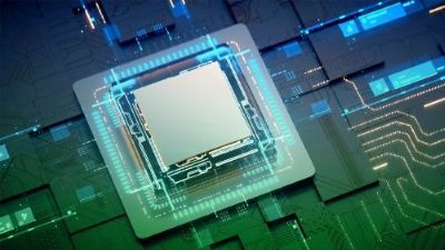 Nowoczesny układ scalony na tle płyty głównej Zbliżenie na nowoczesny układ scalony z podświetleniem LED na tle płyty PCB