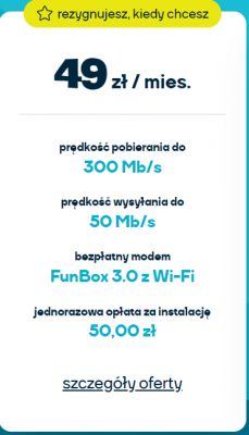 Graphic showing a fiber optic internet offer from nju with a monthly price of 49 PLN.
