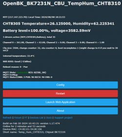 OpenBK software interface for CHT8310 displaying temperature, humidity, and battery level data.