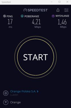 Zrzut ekranu z aplikacji Speedtest pokazujący wyniki testu prędkości internetu dla Orange Polska S.A.