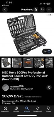 Zestaw narzędzi NEO Tools 300 elementów prezentowany w czarnej walizce.