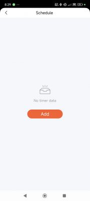 Tuya app screen showing schedule section with no timer data set.