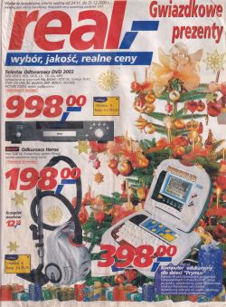 Strona gazetki Real z 2000 roku z promocjami na DVD, odkurzacz i komputer edukacyjny