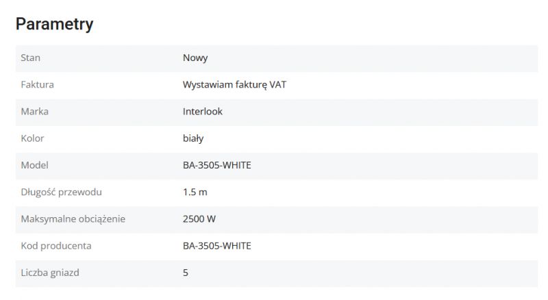 Specifications for Interlook BA-3505-WHITE Power Strip Screenshot of specifications for Interlook BA-3505-WHITE power strip.