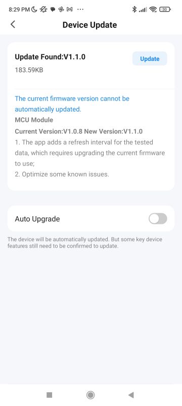 Device Firmware Update Device firmware update screen on a smartphone.
