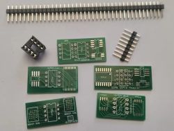 Set of SOP to DIP adapter PCBs with pin headers and DIP socket