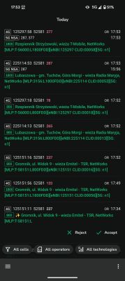 Lista połączeń sieci komórkowych z informacją o pasmach 4G i 5G oraz lokalizacjach nadajników