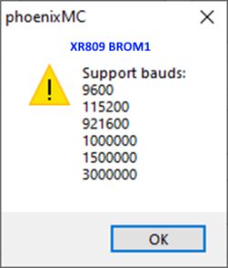 phoenixMC warning dialog: “XR809 BROM1” with a list of supported baud rates