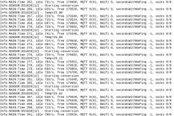 Screenshot of system logs showing DS1820 readings and MQTT and Wi‑Fi status lines.