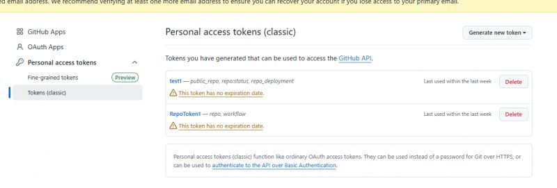 GitHub Personal Access Token Settings Screenshot of GitHub personal access token settings