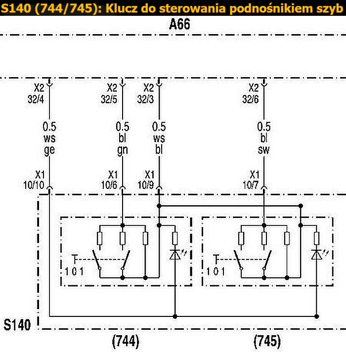 Schemat elektryczny modułu sterowania szybami w Mercedesie Actros.