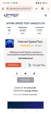 Wynik testu prędkości Internetu z serwisu SpeedTest.pl, pokazujący ping 18 ms, pobieranie 42,65 Mb/s i wysyłanie 17,01 Mb/s dla operatora Orange Mobile.
