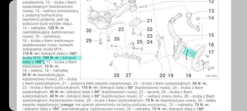 Schemat z instrukcji naprawy przegubu Audi A4 B6 z wartościami momentów dokręcania.
