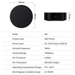 Avatto S16 universal infrared controller with dimensions and technical specifications.
