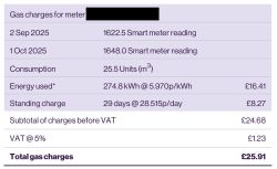 Fragment faktury za gaz pokazujący zużycie w m³ oraz koszty w kWh i GBP