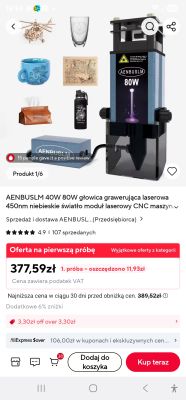 Screenshot of AliExpress listing for AENBUSLM 80W 450 nm laser engraving head, price 377.59 PLN