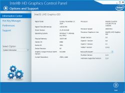 Zrzut ekranu panelu sterowania Intel HD Graphics z informacjami o systemie i grafice Intel UHD 630.