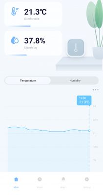 App interface showing temperature and humidity.