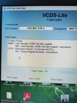 Ekran diagnostyczny VCDS-Lite z błędami ABS
