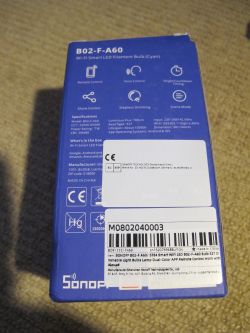 Sonoff B02-F-A60 Wi-Fi LED bulb box with features and technical specifications.