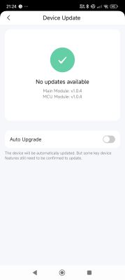 Device Update Screen – No Updates Available Device update screen showing No updates available with a green check mark.