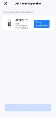 Device pairing screen showing ATORCH S with retry message in Portuguese.