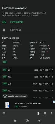 Zrzut ekranu z aplikacji NetMonster pokazujący dane sygnału sieci 4G Play LTE 800.