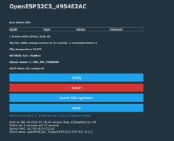 Screenshot of OpenESP32C3 web page with Dreo Heater DPs table and buttons: Config, Restart, Launch Web Application.