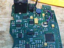 Circuit board of Garrett Ace 250 metal detector with damaged trace.