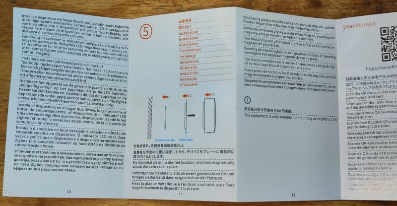 Instrukcja montażu i konfiguracji Sonoff SNZB-01P w kilku językach.