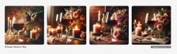 Four images showing wine glasses surrounded by candles and roses on a wooden table.