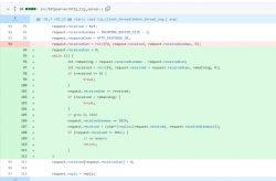 Screenshot of a code editor showing changes in http_tcp_server.c, highlighting modifications in buffer handling and data length management.
