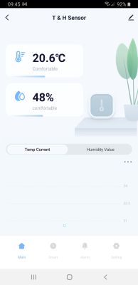 Screenshot of the “T &amp; H Sensor” app showing 20.6°C temperature and 48% humidity