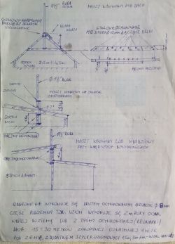 Ręczny szkic montażu masztu antenowego i uziemienia na dachu, z podpisami technicznymi