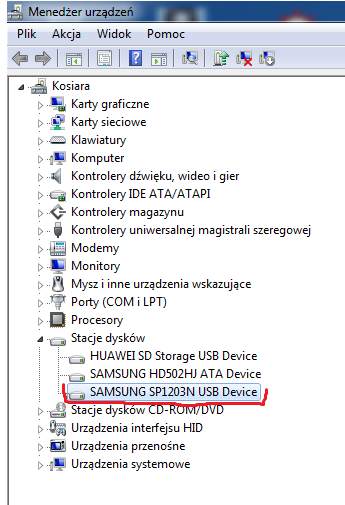 Dysk ATA Samsung SP1203N niewidoczny w Windows 7 mimo wykrycia w menadżerze urządzeń