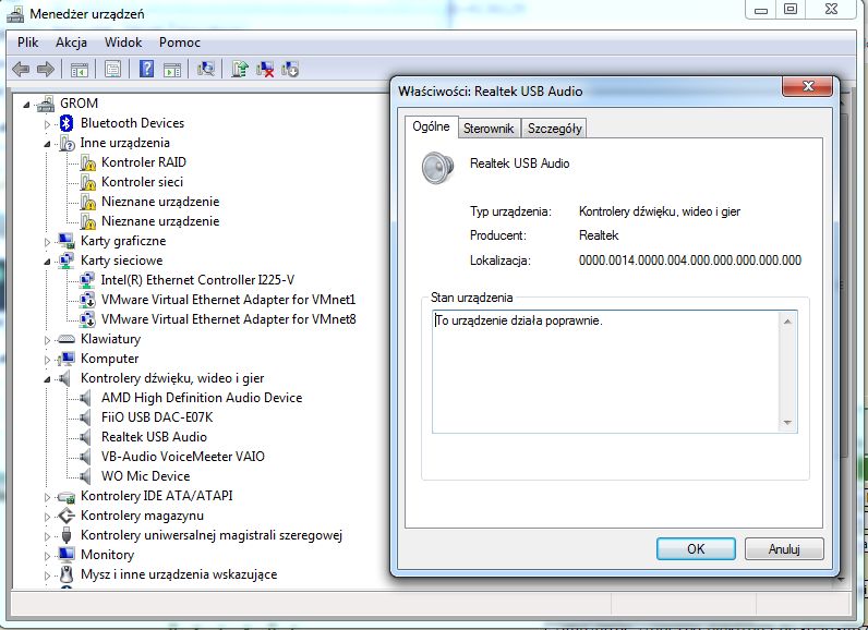 Okno właściwości Realtek USB Audio w Menedżerze urządzeń systemu Windows 7