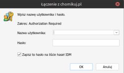 Okno logowania IDM do chomikuj.pl z polami na nazwę użytkownika i hasło