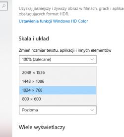Zrzut ekranu ustawień wyświetlania w systemie Windows z zaznaczoną rozdzielczością 1024x768.