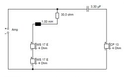 Schemat podłączenia dwóch głośników 4 Ohm w połączeniu szeregowym z rezystorem 30 Ohm, cewką 1 mH i kondensatorem 3,3 µF.
