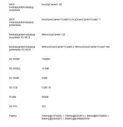 Zrzut ekranu przedstawiający parametry sieci 5G, takie jak modulacja, demodulacja, RSRP, RSRQ, oraz inne wskaźniki.
