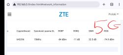 Zrzut ekranu interfejsu ZTE z parametrami sieci 5G