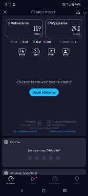 Zrzut ekranu z aplikacji Speedtest: pobieranie 109 Mb/s, wysyłanie 29,0 Mb/s w sieci 5G.