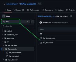 Project view of ESP32-audioI2S showing flac_decoder folder and version tag 3.4.3